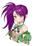 1girl absurdres bare_shoulders bow closed_mouth collared_shirt commentary_request cropped_torso gold_trim green_bow green_jacket highres hourai_ninjin idol_clothes jacket long_hair looking_at_viewer off_shoulder pretty_series pripara purple_hair shirt side_ponytail sidelocks simple_background sleeveless sleeveless_shirt solo striped_clothes striped_shirt toudou_shion undressing upper_body vertical-striped_clothes vertical-striped_shirt white_background white_shirt yellow_eyes 