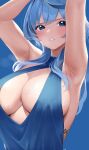  1girl absurdres ako_(blue_archive) ako_(dress)_(blue_archive) armpit_crease armpits arms_up blue_archive blue_background blue_eyes blush breasts cleavage clenched_teeth highres large_breasts not_forever2w simple_background solo steam teeth upper_body 