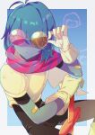  1other adjusting_eyewear androgynous armor asymmetrical_eyewear bandaid bandaid_on_arm blue_hair blue_skin broken_eyewear colored_skin commentary deltarune fireworks gloves hair_over_one_eye highres kris_(deltarune) looking_at_viewer red_eyes senjochi_janai short_hair sitting solo sword tinted_eyewear weapon white_gloves 