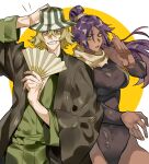  1boy 1girl absurdres bare_legs black_leotard black_robe bleach blonde_hair brown_eyes bucket_hat dark-skinned_female dark_skin fighting_stance green_eyes grin hand_up hat highres leotard long_hair open_mouth ponytail purple_hair robe scarf shihouin_yoruichi simple_background smile urahara_kisuke white_background xi_luo_an_ya yellow_background 