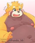 2024 96panda absurd_res ailurid belly big_belly blush bodily_fluids caladbolg crave_saga hi_res male mammal moobs navel nipples overweight overweight_male red_panda simple_background sweat