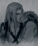  2boys chest_strap chinese_commentary cloud_strife coat commentary_request cropped_torso final_fantasy final_fantasy_vii french_kiss gloves greyscale hand_in_another&#039;s_hair high_collar kiss long_bangs long_hair looking_at_viewer luluzhang998873 male_focus monochrome multiple_boys parted_bangs sephiroth short_hair sleeveless sleeveless_sweater sleeveless_turtleneck slit_pupils spiked_hair sweatdrop sweater turtleneck turtleneck_sweater upper_body yaoi 