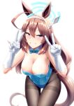  1girl absurdres ahoge animal_ears asuna_(blue_archive) asuna_(blue_archive)_(cosplay) asuna_(bunny)_(blue_archive) blue_archive blue_bow blue_bowtie blue_eyes bow bowtie breasts brown_hair cleavage cosplay covered_navel detached_collar double_v gloves hairband hasegawa_ikumi highres horse_ears horse_girl horse_tail long_hair mihono_bourbon_(umamusume) pantyhose playboy_bunny shiroganehaku smile tail umamusume v voice_actor_connection white_background white_gloves 