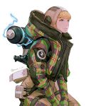  1girl apex_legends blonde_hair blush bodysuit electricity english_commentary gloves green_gloves green_jacket hood hood_down hood_up hooded_bodysuit hooded_jacket jacket lightning_bolt_symbol looking_ahead muraicchi_(momocchi) plaid plaid_gloves plaid_jacket sitting smile solo twitter_username wattson_(apex_legends) white_background 