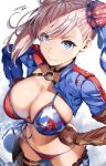  1girl american_flag_bikini artist_name bangs banned_artist belko belt bikini blue_eyes breasts brown_belt brown_gloves bun_cover choker cleavage clenched_hands closed_mouth cropped_jacket dated fate/grand_order fate_(series) flag_print from_above front-tie_bikini front-tie_top gloves hair_bun hair_ribbon hands_on_hips highres large_breasts miyamoto_musashi_(fate) miyamoto_musashi_(swimsuit_berserker)_(fate) navel pink_hair ribbon shrug_(clothing) side_ponytail silver_hair single_thighhigh skindentation smile solo swept_bangs swimsuit thigh_strap thighhighs 