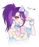 1girl ;p bare_shoulders blue_choker bow choker commentary_request earrings hair_bow hand_up jewelry jjuu0105 korean_commentary long_hair looking_at_viewer one_eye_closed pink_bow pretty_series pripara purple_hair side_ponytail simple_background smile solo tehepero tongue tongue_out toudou_shion translation_request upper_body white_background wrist_cuffs yellow_eyes 