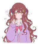  1girl anam95 bow bowtie brown_hair cardigan collared_shirt debi_tarou dress_shirt gyaru hair_ornament hair_scrunchie hairclip highres idolmaster idolmaster_shiny_colors light_blush long_hair long_sleeves looking_at_viewer loose_bowtie osaki_tenka purple_cardigan scrunchie shirt simple_background solo two_side_up upper_body white_background white_shirt yellow_eyes 