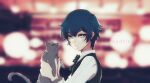  1girl absurdres animal bangs black_bow black_bowtie black_hair black_vest blurry blurry_background bow bowtie cat grey_eyes hair_between_eyes highres holding holding_animal holding_cat long_sleeves naociel parted_lips persona persona_4 shirogane_naoto shirt short_hair solo vest white_shirt 