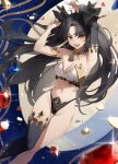  1girl absurdres armlet armpits arms_up bikini black_hair breasts cleavage coin commentary earrings fate/grand_order fate_(series) floating_hair gem gold highres hoop_earrings ishtar_(fate) jewelry long_hair medium_breasts mismatched_bikini navel neck_ribbon open_mouth red_eyes ribbon ruby_(gemstone) single_sleeve single_thighhigh single_wrist_cuff smile solo star741 swimsuit symbol-only_commentary symbol-shaped_pupils thighhighs thighlet tiara very_long_hair wrist_cuffs 