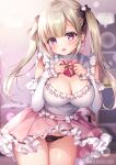  1girl :d bangs bare_shoulders black_panties black_ribbon blonde_hair blunt_bangs blurry blurry_background blush bokeh bow bow_panties box breasts cleavage commentary_request cowboy_shot depth_of_field earrings elbow_gloves eyebrows_visible_through_hair frilled_panties frills gift gift_box gloves hair_ribbon heart-shaped_box holding holding_box holding_gift jewelry large_breasts long_hair looking_at_viewer mitsuba_choco open_mouth original panties pink_eyes pink_skirt ribbon ribbon-trimmed_clothes ribbon_trim shirt skirt smile solo standing twintails underwear white_gloves white_shirt 