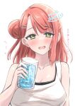 1girl bare_shoulders blunt_bangs blush braid breasts cleavage commentary_request cup dated drink drinking_glass green_eyes hair_bun hair_ornament hairclip hand_up holding holding_cup looking_at_viewer love_live! love_live!_nijigasaki_high_school_idol_club medium_breasts medium_hair open_mouth pink_hair simple_background single_side_bun smile solo tamaao_(tamaao31241) tank_top translation_request uehara_ayumu upper_body white_background white_tank_top 