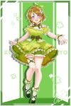  1girl absurdres brown_hair character_name dress flower full_body green_dress green_footwear hair_flower hair_ornament hairband hairclip high_heels highres koizumi_hanayo kuntze looking_at_viewer love_live! purple_eyes short_hair socks solo teeth upper_teeth_only white_socks 