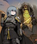  1girl 2others armor black_cape black_gloves black_pants blue_hair blush bug cape clenched_hand cosplay drone friendly_fire gloves gogalking gun hand_up helldiver_(helldivers) helldivers_(series) helmet highres holding holding_gun holding_weapon laser long_hair military_uniform monster multiple_others original pants planet ponytail portia_(gogalking) pouch purple_eyes smile uniform weapon 