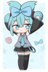  1girl absurdres arms_up black_footwear black_skirt black_sleeves blue_bow blue_eyes blue_hair blue_necktie blush boots bow chibi cinnamiku closed_mouth collared_shirt commentary_request cross-shaped_pupils detached_sleeves full_body grey_shirt hair_between_eyes hair_bow hana_kazari hatsune_miku headset highres long_sleeves necktie pleated_skirt shirt skirt sleeveless sleeveless_shirt sleeves_past_wrists smile solo symbol-shaped_pupils thigh_boots tie_clip vocaloid wide_sleeves 