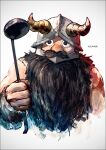  1boy artist_name beard black_eyes black_hair commentary_request cropped_torso dungeon_meshi dwarf facial_hair fake_horns helmet holding holding_ladle horned_helmet horns k-suwabe ladle long_beard male_focus mustache nose senshi_(dungeon_meshi) simple_background solo white_background 