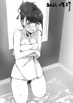  1girl blush breasts cleavage commentary dated dot_nose embarrassed eyebrows_visible_through_hair female_pubic_hair greyscale hair_bun indoors looking_at_viewer monochrome naked_towel open_mouth original pubic_hair solo standing tabata_hisayuki towel wading wet wide-eyed 