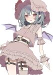  1girl ascot bat_wings belt belt_buckle blue_hair buckle chain hat hat_ribbon heart heart-shaped_pupils highres mob_cap open_mouth pink_headwear red_ascot red_eyes red_shirt remilia_scarlet ribbon shirt short_hair skirt solo symbol-shaped_pupils tamagogayu1998 touhou white_background wings 