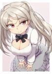  1girl absurdres breasts brown_eyes cleavage cleavage_cutout clothing_cutout conte_di_cavour_(kancolle) dress frilled_dress frills grey_dress highres kantai_collection large_breasts layered_dress long_hair long_sleeves namaata silver_hair smile solo two-tone_dress two_side_up white_dress 