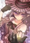  bare_shoulders braid gloves hat heart heart-shaped_pupils highres looking_at_viewer low_twin_braids low_twintails ludmila_(rune_factory) mugi_gol pointy_ears purple_eyes rune_factory rune_factory_5 striped_sleeves symbol-shaped_pupils twin_braids twintails witch_hat 