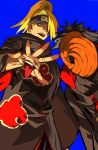  2boys akatsuki_uniform black_coat black_hair blonde_hair blue_background blue_eyes coat deidara_(naruto) hair_over_one_eye hand_mouth headband highres mask multiple_boys naruto_(series) naruto_shippuuden open_mouth simple_background spiked_hair tobi_(naruto) tongue tongue_out xi_luo_an_ya 