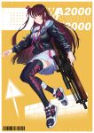  1girl absurdres barcode black_jacket black_legwear blush breasts bullpup character_name closed_mouth commentary english_commentary eyebrows_visible_through_hair fikkyun girls&#039;_frontline gun hair_ribbon highres holding holding_weapon jacket jumping lips long_hair looking_at_viewer medium_breasts purple_eyes purple_hair ribbon rifle shirt shoes side_ponytail simple_background skirt smile sneakers sniper_rifle solo thighhighs wa2000_(girls&#039;_frontline) walther walther_wa_2000 weapon white_shirt white_skirt 