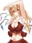  1girl arm_up armpits blonde_hair bow breasts cleavage collarbone collared_shirt commentary_request crystal flandre_scarlet frilled_shirt_collar frills hat hat_ribbon kaeranu_kaeru large_breasts long_hair midriff mob_cap navel one_side_up open_clothes presenting_armpit red_bow red_ribbon red_shirt red_skirt ribbon shirt side_ponytail simple_background skirt solo touhou white_background wings 