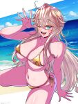  1girl absurdres alternate_costume beach bikini blonde_hair blue_eyes blue_sky breasts commission day gold_bikini hair_between_eyes highres iowa_(kancolle) kantai_collection large_breasts long_hair looking_at_viewer navel ocean one_eye_closed open_mouth outdoors pixiv_commission side-tie_bikini_bottom sidelocks sky smile solo star-shaped_pupils star_(symbol) swimsuit symbol-shaped_pupils very_long_hair yoko_hata 