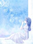  1girl barefoot blue_eyes blue_hair blue_theme bubble bubble_blowing dress fish from_side full_body hand_up highres kotono_n0 long_hair original profile puffy_short_sleeves puffy_sleeves short_sleeves sitting sky solo white_dress 