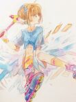  1girl antenna_hair between_legs blue_shirt blue_wings brown_eyes brown_hair card cardcaptor_sakura clow_card fuuin_no_tsue highres holding holding_wand inline_skates kinomoto_sakura magical_girl open_mouth painting_(medium) profile roller_skates shirt short_hair short_sleeves skates socks solo srnmomo traditional_media wand watercolor_(medium) white_background wings 