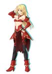  1girl armor bangs black_legwear blonde_hair breasts detached_sleeves eyebrows_visible_through_hair fate/apocrypha fate_(series) faulds full_body green_eyes grin hair_between_eyes hand_in_hair high_heels long_hair long_sleeves looking_at_viewer midriff mordred_(fate) mordred_(fate/apocrypha) navel red_bandeau red_footwear red_sleeves shadow simple_background small_breasts smile solo standing stomach straight_hair tachi-e underboob very_long_hair white_background yustinos 