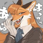  +++ 1girl animal_ear_fluff animal_ears animal_nose blush body_fur brown_jacket collared_shirt commentary fangs fox_ears fox_girl from_side furry furry_female gloves grey_background grey_eyes grey_gloves grey_neckerchief half-closed_eye hand_on_own_face hand_up highres jacket laughing long_hair looking_at_viewer neckerchief one_eye_closed open_mouth orange_fur orange_hair original portrait rata_(norahasu) sharp_teeth shirt simple_background slit_pupils smile solo swept_bangs tearing_up teeth white_fur white_shirt 