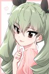  1girl anchovy_(girls_und_panzer) black_ribbon border brown_eyes casual commentary drill_hair from_side girls_und_panzer green_hair hair_ribbon heart highres index_finger_raised long_hair looking_at_viewer natsusa_(nts_summer) open_mouth pink_border pink_shirt ribbon shirt smile solo twin_drills twintails white_background 