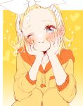  1girl :t blonde_hair blue_eyes bow collarbone eyelashes flat_chest forehead hair_bow hair_pulled_back hairband hands_on_own_cheeks hands_on_own_face head_tilt heart highres hood hood_down hooded_pajamas kagamine_rin long_sleeves looking_at_viewer mimi_mine one_eye_closed orange_hood pajamas puffy_cheeks smile solo sparkle squatting vocaloid yellow_background yellow_nails yellow_pajamas 