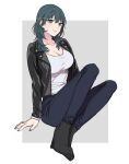  1girl alternate_costume artist_name bangs black_footwear black_jacket blue_eyes blue_hair blue_pants breasts byleth_(fire_emblem) byleth_(fire_emblem)_(female) cleavage commentary_request fire_emblem fire_emblem:_three_houses hair_between_eyes high_heels jacket knees_up large_breasts long_hair open_clothes open_jacket pants shirt shoes simple_background sitting smile solo white_shirt yudepan_(yuri_no_sugata) 