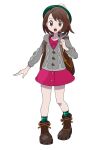  1girl asatsuki_(fgfff) backpack bag blush bob_cut boots brown_bag brown_eyes brown_footwear brown_hair buttons cable_knit cardigan collared_dress commentary_request dress eyebrows_visible_through_hair eyelashes full_body gloria_(pokemon) green_headwear green_legwear grey_cardigan hand_up hat highres holding_strap hooded_cardigan open_mouth pink_dress plaid plaid_legwear pokemon pokemon_(game) pokemon_swsh short_hair simple_background socks solo tam_o&#039;_shanter teeth tongue upper_teeth white_background 