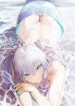  1girl aqua_nails ass back bangs beach blue_eyes blush breasts butt_crack commentary dripping eyebrows_visible_through_hair fingernails gradient_hair hair_between_eyes hair_spread_out head_tilt ikuchan_kaoru ikuchan_kaoru_(character) indie_virtual_youtuber long_hair looking_at_viewer lying mermaid monster_girl multicolored_hair nude on_ground on_stomach outdoors partially_submerged purple_hair scales smile solo star_(symbol) star_in_eye symbol_in_eye virtual_youtuber wet white_hair 