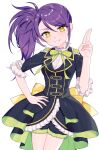  1girl :d absurdres black_dress black_shorts collared_shirt cowboy_shot dress green_ribbon hand_on_own_hip hand_up highres hourai_ninjin idol_clothes long_hair long_sleeves looking_at_viewer neck_ribbon open_mouth pretty_series pripara purple_hair ribbon salute shirt shorts side_ponytail simple_background smile solo standing toudou_shion two-finger_salute white_background white_shirt yellow_eyes 