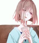  1girl blue_shirt blush bob_cut brown_hair cup disposable_cup drinking_straw fangs head_tilt highres holding holding_cup looking_ahead open_mouth original purple_eyes shirt short_hair simple_background sitting solo srnmomo upper_body white_background 
