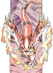  artcetona breath_weapon breathing_fire claws colored_skin dated digimon digimon_(creature) dinosaur fewer_digits fire from_above guilmon_x-antibody head_wings highres limited_palette mountain red_skin running tail thunder twitter_username wings yellow_eyes 