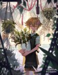  1boy 1girl artist_name basil_(faraway)_(omori) basil_(omori) black_eyes black_hair blonde_hair bouquet closed_eyes closed_mouth collared_shirt death empty_eyes flower green_sweater_vest hair_flower hair_ornament hanging_plant highres holding holding_bouquet ibble_(ibblescribbles) jump_rope long_hair mari_(faraway)_(omori) mari_(omori) omori open_mouth plant potted_plant shirt short_hair short_sleeves spoilers sweater_vest watermark white_shirt 