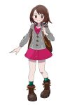  1girl :t asatsuki_(fgfff) backpack bag blush bob_cut boots brown_bag brown_eyes brown_footwear brown_hair buttons cable_knit cardigan closed_mouth collared_dress commentary_request dress eyebrows_visible_through_hair eyelashes full_body gloria_(pokemon) green_legwear grey_cardigan hand_up highres holding_strap hooded_cardigan pink_dress plaid plaid_legwear pokemon pokemon_(game) pokemon_swsh short_hair simple_background socks solo white_background 