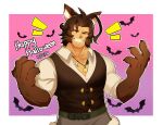  1boy absurdres animal_ears animal_hands bara bat black_vest body_fur brown_hair cowboy_shot dragalia_lost fujimachine_(clayten) grin halloween halloween_costume happy_halloween highres large_pectorals male_focus messy_hair muscular muscular_male off_shoulder one_eye_closed partially_unbuttoned pectoral_cleavage pectorals ranzal_(dragalia_lost) red_eyes short_hair smile solo tooth_necklace vest wolf_boy wolf_ears 