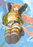  1girl absurdres aircraft airplane animal_ears belt black_thighhighs blue_sky blush bow grass green_jacket hair_between_eyes highres horse_ears horse_girl horse_tail jacket long_hair long_sleeves looking_at_viewer mayano_top_gun_(umamusume) navel open_mouth orange_eyes orange_hair shirt shoes shorts sky smile solo tail tetra_(ktet4_illu) thighhighs umamusume 