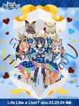  5girls angel angel_wings animal_ears bat_ears bat_girl bat_wings black_eyes black_hair blue_eyes boots bow bowtie brown_eyes brown_hair brown_long-eared_bat_(kemono_friends) caracal_(kemono_friends) cat_ears cat_girl cat_tail copyright_name extra_ears fox_ears fox_girl fox_tail gloves green_eyes grey_hair headphones highres humboldt_penguin_(kemono_friends) island_fox_(kemono_friends) jacket jungle_cat_(kemono_friends) kemono_friends kemono_friends_v_project lifelikealive long_hair looking_at_viewer microphone multiple_girls official_art orange_hair pantyhose penguin_girl purple_hair shirt short_hair simple_background skirt tail thighhighs virtual_youtuber wings 