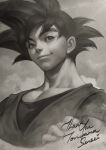  1boy cloud cloudy_sky dragon_ball english_commentary english_text greyscale highres male_focus monochrome muscular muscular_male short_sleeves signature sky smile solo son_goku spiked_hair stanley_lau thank_you toriyama_akira_(character) upper_body 