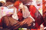  1boy artist_name bandaged_arm bandages beads black_hakama cherry_blossoms cup dango dragon_print eeju emiya_shirou fate/grand_order fate_(series) food hakama highres holding holding_cup indian_style japanese_clothes kimono lantern looking_at_viewer official_alternate_costume paper_lantern petals pixiv_id red_hair red_kimono sakazuki scar scar_on_hand senji_muramasa_(fate) sitting smile solo tree twitter_username wagashi watermark white_kimono yellow_eyes 