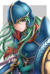  1girl armor bangs breastplate closed_mouth fire_emblem fire_emblem:_path_of_radiance floating_hair green_eyes green_hair hair_between_eyes helmet holding holding_shield holding_weapon long_hair looking_at_viewer nephenee_(fire_emblem) shield shoulder_armor solo ten_(tenchan_man) very_long_hair weapon 
