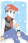  1boy arm_support asatsuki_(fgfff) black_hair closed_mouth commentary_request grey_eyes grey_pants hat highres lucas_(pokemon) male_focus orange_headwear orange_scarf pants pokemon pokemon_(game) pokemon_dppt scarf short_hair short_sleeves sitting smile snowing solo split_mouth 