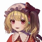  1girl bangs blonde_hair bow commentary_request crystal dress eyebrows_visible_through_hair face fangs flandre_scarlet flower frilled_shirt_collar frills hair_between_eyes hair_bow hat highres light_blush looking_at_viewer mob_cap one_side_up pink_headwear portrait ranunculus red_bow red_dress red_eyes red_flower short_hair simple_background solo teruteru_(teru_teru) touhou white_background wings yellow_neckwear 