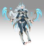  1girl armor black_sclera blue_eyes blue_thighhighs cleavage_cutout clothing_cutout colored_sclera concept_art dual_wielding faerie_court_katarina full_body gauntlets highres holding horns katarina_(league_of_legends) league_of_legends long_hair lucaxu1991 pauldrons shoulder_armor solo standing thighhighs toeless_footwear white_hair 